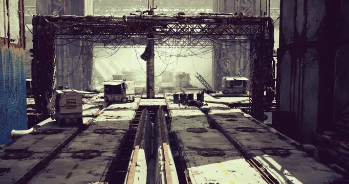 Empty cargo hangar bathed in light, long rows of containers and worn platforms under dusty beams, cinematic atmosphere of abandonment and industrial scale,