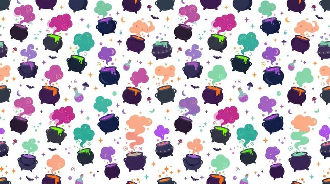 Halloween pattern featuring bubbling cauldrons colorful magic potions