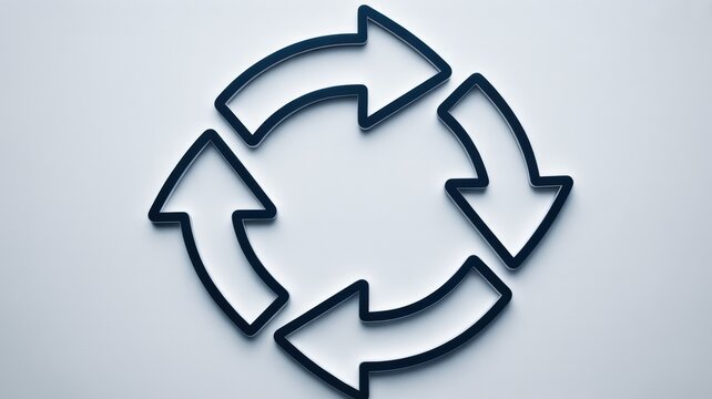 Recycle symbol constructed from sleek dark curved arrows arranged in a continuous circular motion representing environmental sustainability and green energy practices on a minimalist solid light grey.