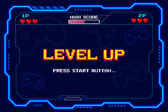 LEVEL UP. press start button. pixel art 8-bit. retro game. for game assets in vector illustrations.