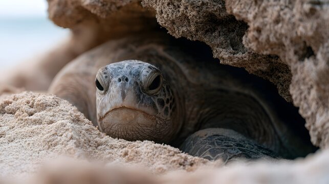 A sea turtle peeks out from beneath a sandy rock shelter on a beach  its textured shell and calm eyes visible in soft natural light