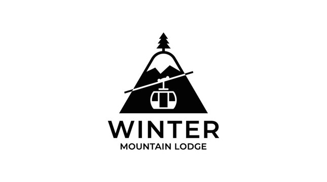 Winter mountain lodge logo with cable car and mountain.