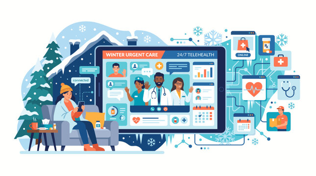 Telemedicine flat illustration of winter urgent care and healthcare