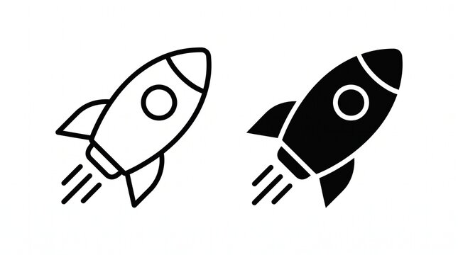 A minimalist rocket ship vector illustration featuring two versions of the same rocket side by side: a black outline version on the left and a solid black silhouette version on the right. Both rockets