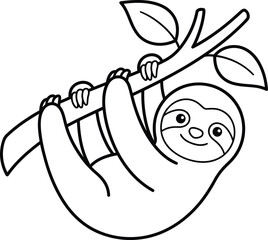 Cute happy cartoon sloth hanging upside down on tree branch outline vector illustration © MSTSAZEDA