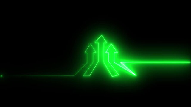 Glowing neon line art animation featuring multiple upward rising arrows, business growth and financial success concept motion graphic background