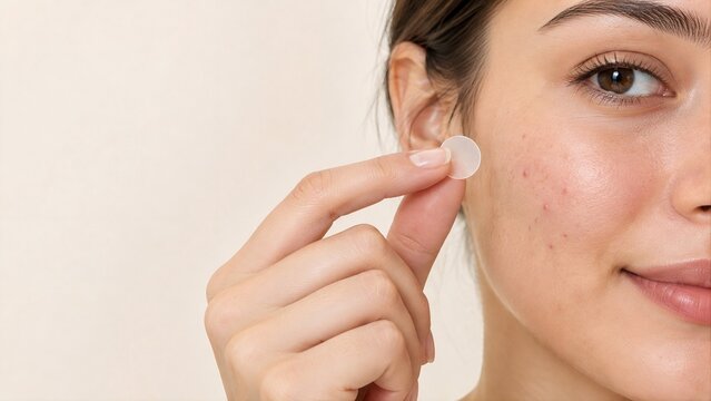Woman holding hydrocolloid acne patch applying transparent pimple sticker on facial skin, skincare treatment concept