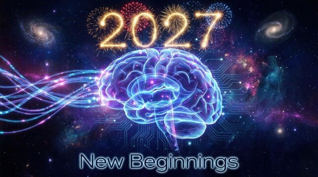 Futuristic brain illustration with 2027 new beginnings cosmic background