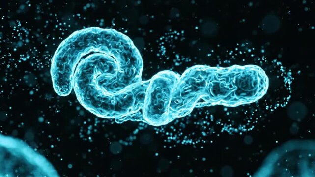Spiral shaped bacterium swimming in a dark microscopic environment.