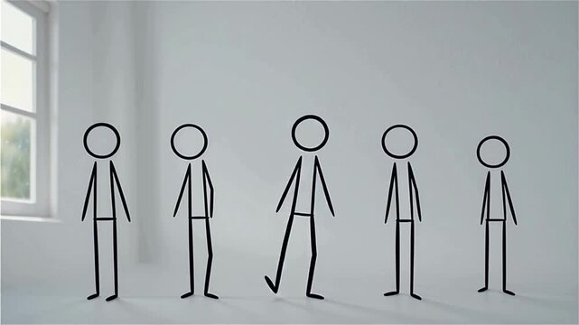 Minimalist stick figure animation of people standing in a line against white