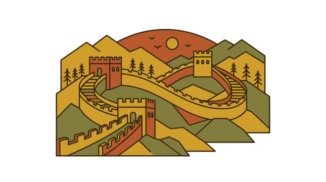 Vintage retro 1970s style vector illustration of the Great Wall of China winding through mountain landscape with watchtowers and pine trees under a sunset sky, classic travel poster design.