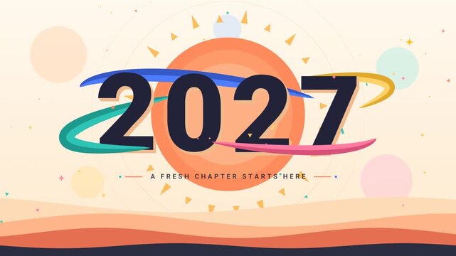 Animated 2027 New Year celebration motion graphics with colorful swirling lines, abstract sun, and festive confetti against a pastel background, featuring the text "A Fresh Chapter Starts Here".