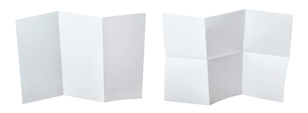 Two unfolded white paper sheets with different folding patterns, isolated on transparent cutout background