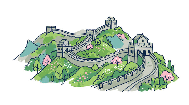 Artistic watercolor wash illustration of the Great Wall of China winding through lush green hills with blooming pink cherry blossom trees and historic watchtowers, hand-drawn vector landscape.