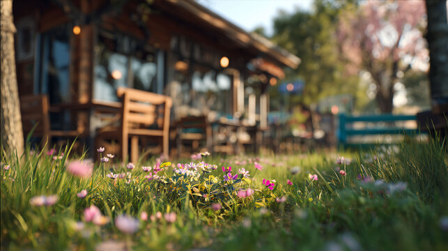 Small pink flowers blooming in grass field in front of outdoor cafe