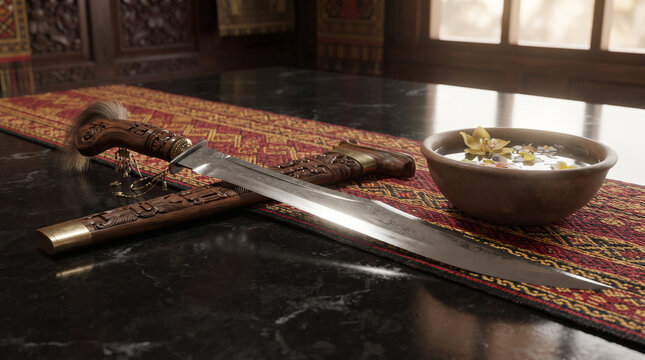 A traditional Indonesian mandau sword with a carved wooden hilt lies on batik fabric