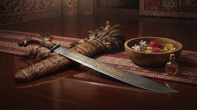 An ornate indonesian mandau sword decorated with colorful beads and feathers on wood