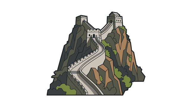 Clean vector illustration of the Great Wall of China winding across rugged mountain ridges with watchtowers and greenery, iconic world heritage site landmark for travel and tourism concept.