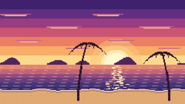 Pixel art side scrolling sunset beach with palm trees seamless loop