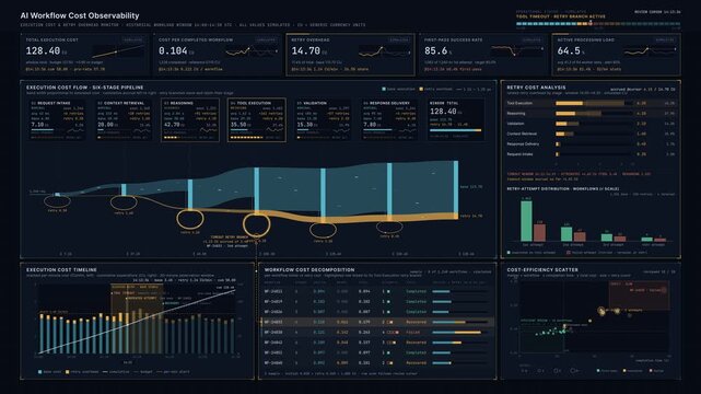 Premium 4K AI workflow cost observability dashboard animation showing execution costs, retry overheads, and stage efficiency with dark enterprise UI design for tech presentations.