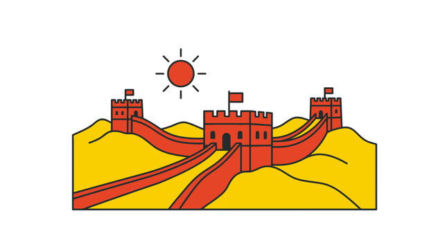 Flat vector illustration of the Great Wall of China landmark featuring bright yellow mountains and vermilion red watchtowers under a stylized sun, perfect for travel and cultural designs.