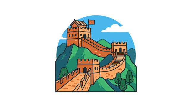 Modern flat vector illustration of the Great Wall of China winding through green mountains and hills with watchtowers under a blue sky, ideal for travel, tourism, and Asian heritage concepts.
