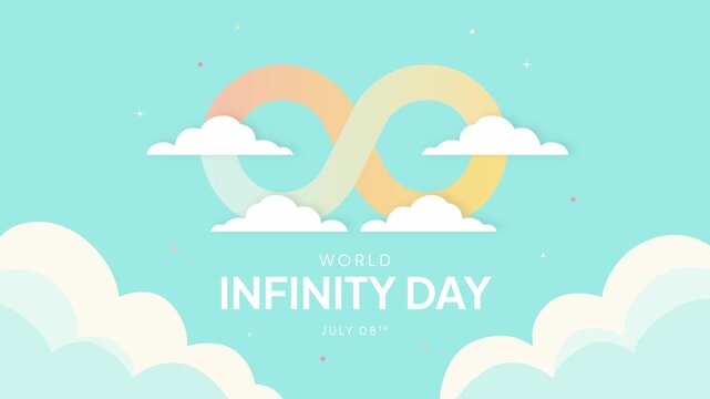 World Infinity Day July 8th celebration banner with infinity icon and cloud on the blue sky background