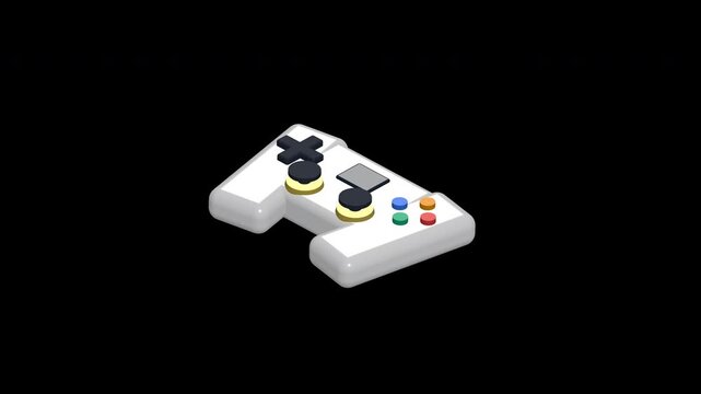 Clean isometric 3D video game controller floating with subtle rotation in a seamless loop.