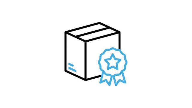New product with ribbon icon animation. Cardboard box, package, parcel, present, gift with star on badge tape animated video loops for best seller, favorite, like. Motion graphics with alpha channel