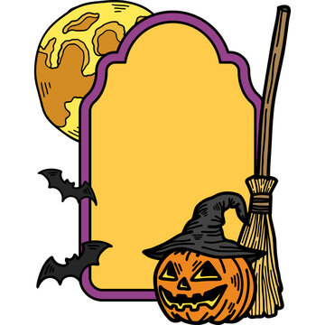 A colorful cartoon vector illustration of a Halloween themed empty text frame or label, decorated with a spooky pumpkin wearing a witch hat, a broomstick, flying bats, and a full moon, perfect for hol