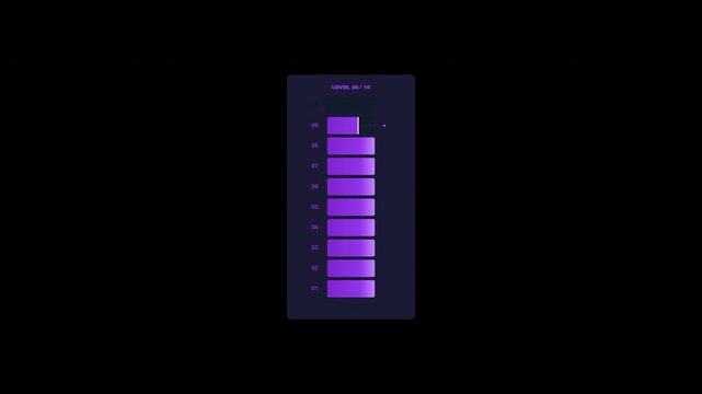 Vertical level meter telemetry animation counting steps 1 to 10 with elastic bar fill.