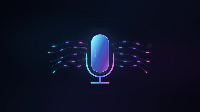 Futuristic Neon Microphone Icon Animation with Pulsating Digital Sound Waves, Perfect for Podcast, Voice Assistant AI, and Audio Production Projects