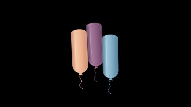 Three elongated foil balloons sway with folded seams and trailing ribbons in an eight second transparent celebration loop.