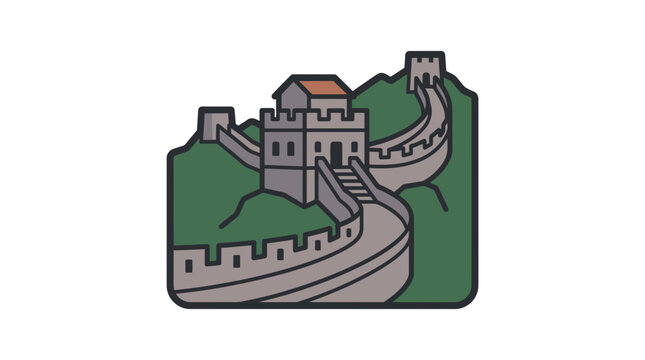 Minimalist vector illustration of the Great Wall of China with watchtowers winding through green mountains, clean flat design icon for travel, Asian culture, and historical heritage concepts.