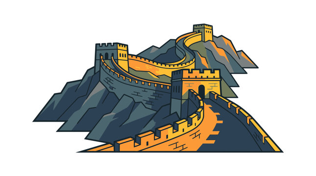 High impact vector illustration of the majestic Great Wall of China winding through rugged mountain ridges, featuring historic watchtowers and dramatic shadows for travel and cultural concepts.