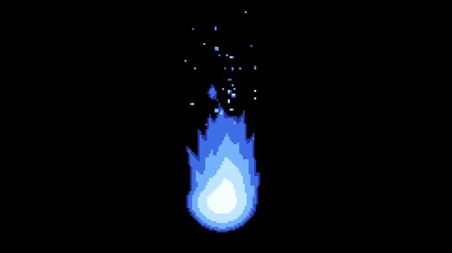 Pixel art blue fire flame burning seamless loop transparent background