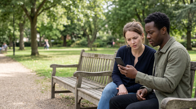 Young couple hesitating over a fake prize text in park