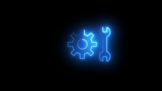 Glowing blue electric neon cogwheel and spanner symbol on dark background for modern user interface tool support and technical service animation video