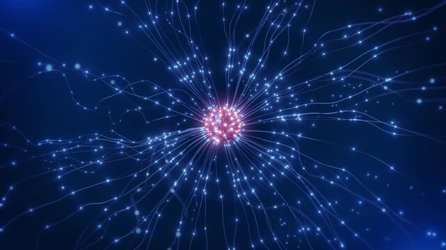 Luminous strands bright particles compact central core, radial web depth. A futuristic abstract background for information exchange, optical communication, research graphics, corporate videos, titles.