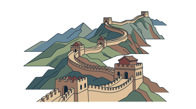 Dynamic vector illustration of the Great Wall of China winding through green mountain peaks, featuring historic stone watchtowers and fortresses in a clean flat design style for travel and culture.