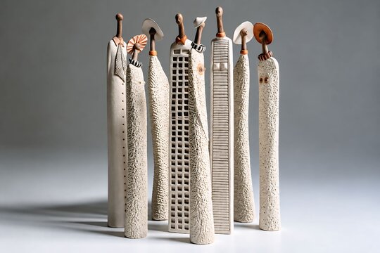 Group of handcrafted ceramic tall slender abstract human figures with unique textured patterns clay sculptures handmade art statues forms