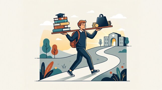 vector illustration teenager balancing education and debt, representation of student debt