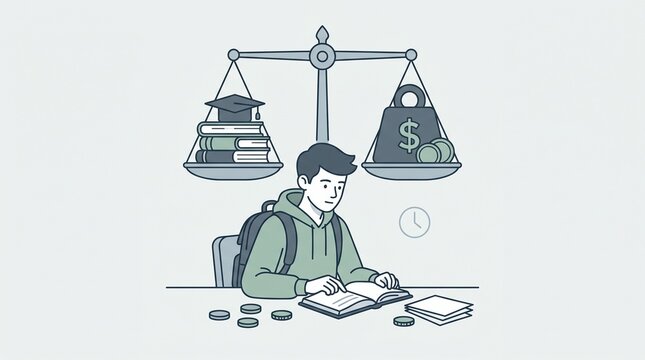 vector illustration teenager balancing education and debt, representation of student debt