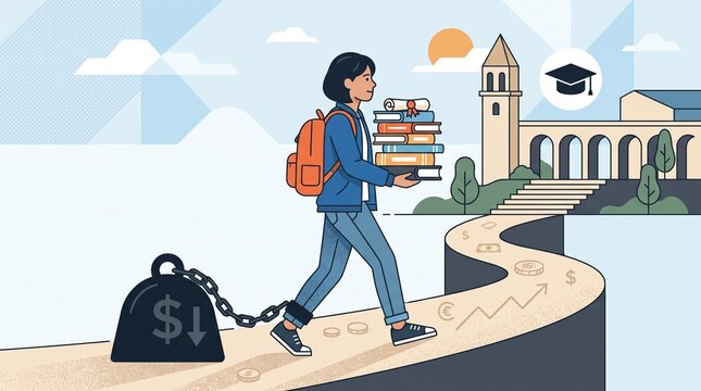 vector illustration teenager balancing education and debt, representation of student debt