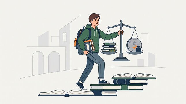vector illustration teenager balancing education and debt, representation of student debt