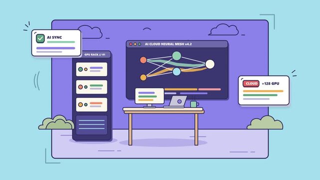 Artificial intelligence cloud neural network dashboard and GPU server rack workstation in 2D flat vector animation loop