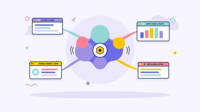 Serverless cloud auto scaling and fluid AI data lake core connected to browser windows in 2D flat vector animation loop
