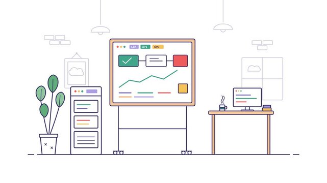 Cloud FinOps cost optimization whiteboard and AI server rack in minimalist line art interior studio animation loop