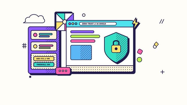 Zero trust cloud security shield and encrypted AI firewall server stack deflecting cyber threats in bold pop vector loop