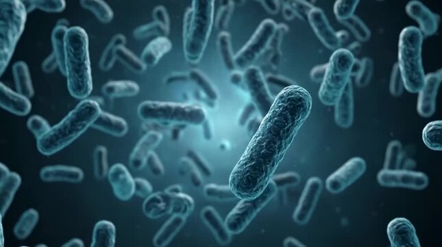 Rod shaped bacteria floating in blue fluid